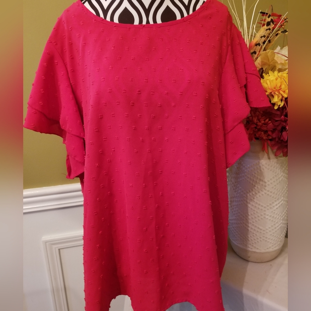 Woman's Red Swiss Dot Ruffle Sleeve Blouse Xlarge